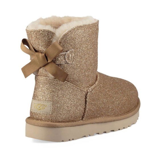 UGG Mini Bailey Bow Gold Sparkle Boots Glitter NEW - Picture 2 of 8